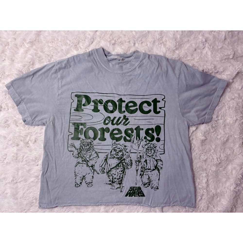 Star Wars Ewok Protect Our Forests Graphic Crop Top Tee Blue Medium Fan Girl